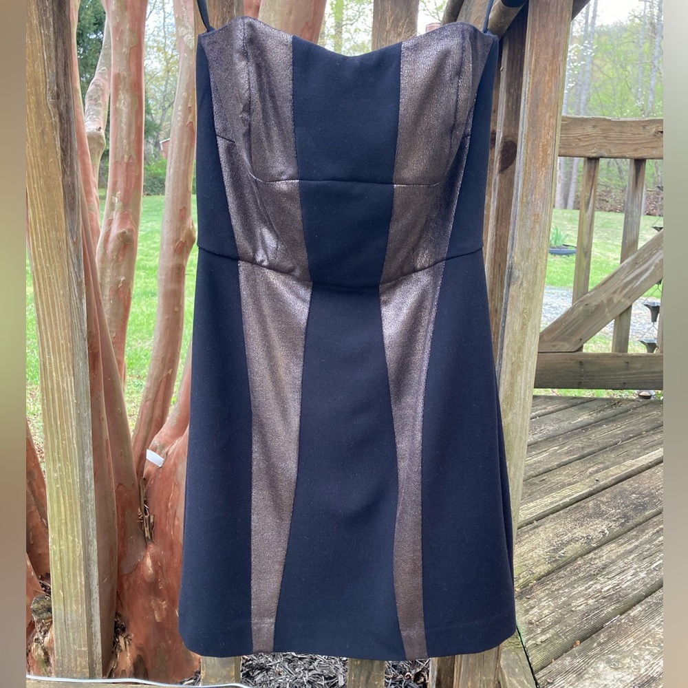 French Connection LBD Black Gold Strapless Mini Dress Bodycon Fitted VTG Size 4